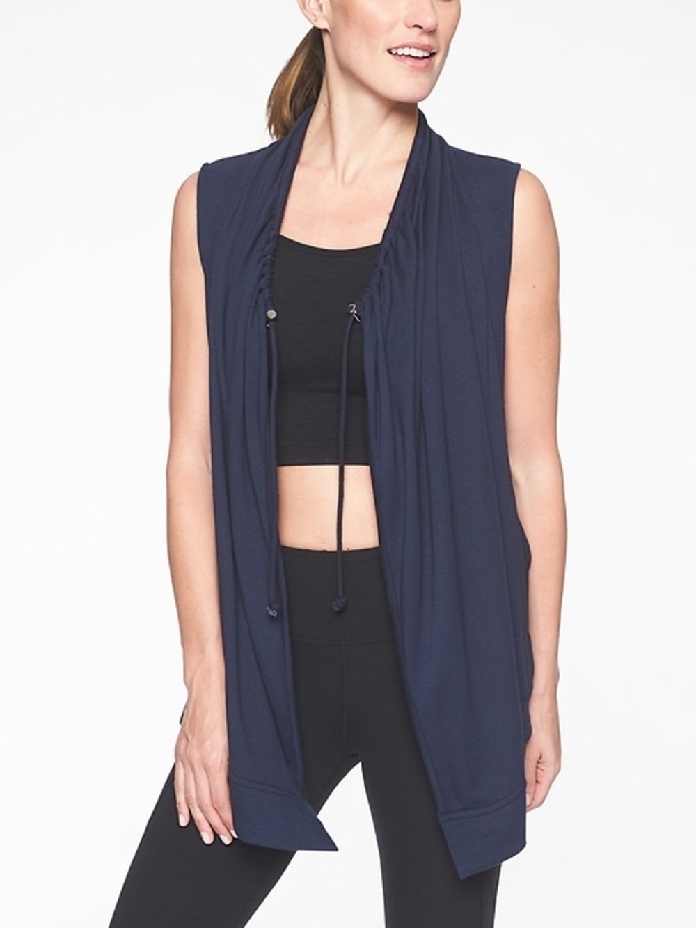 Athleta Mindset Vest Modal Drawcord Shawl Collar | Navy | Medium Tall